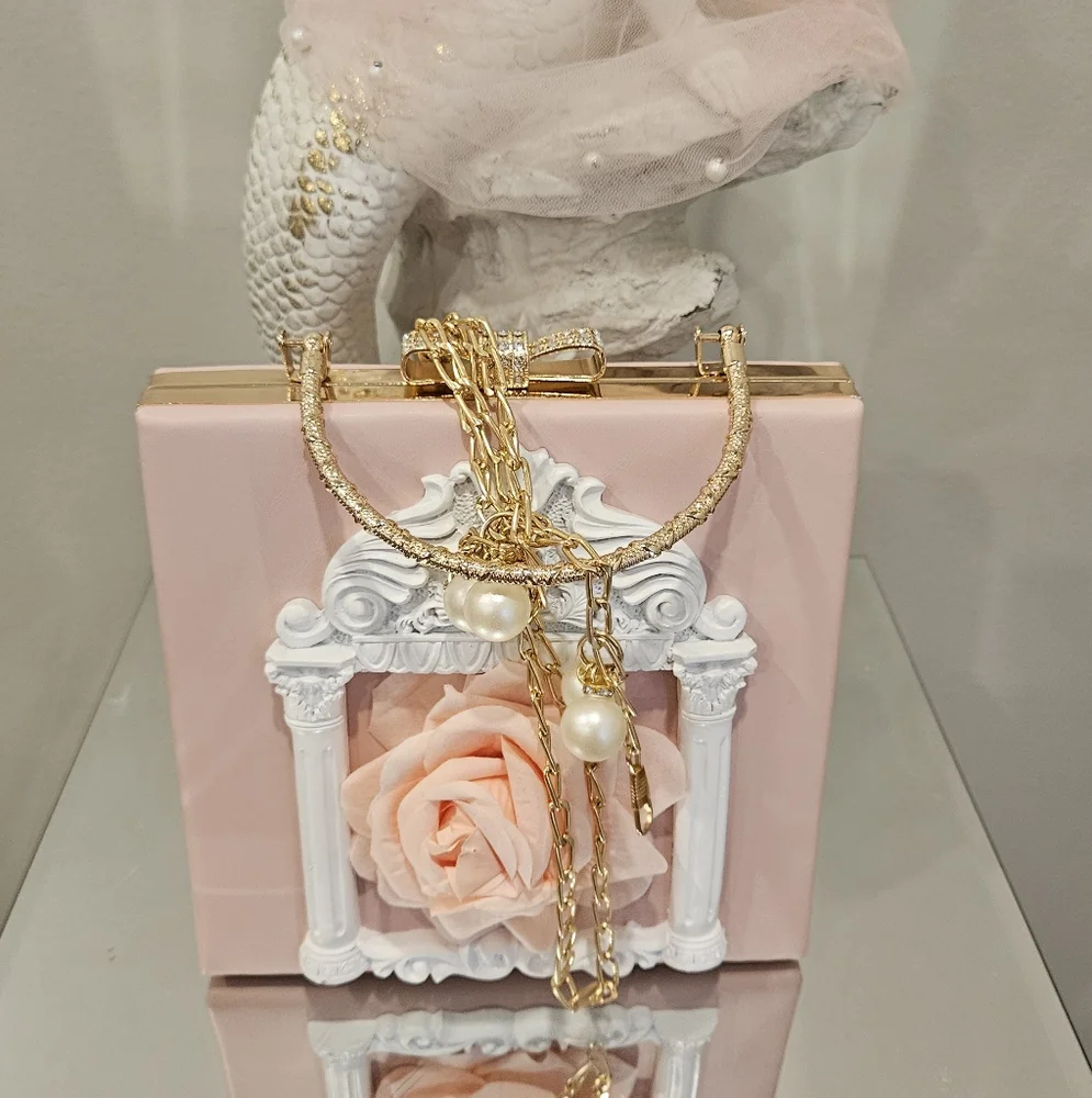Ornate Pink Floral Box Clutch with Gold Handle